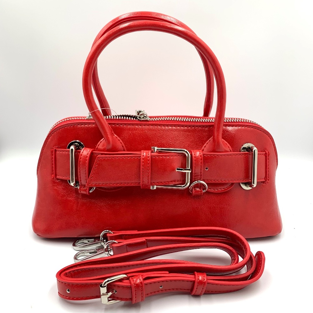 Coquette Red Leather Silver Buckle Hardware Bowling Barrel Crossbody Satchel Bag